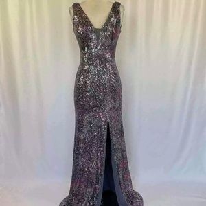 AQUA DressPurple Multi Sequin V-Neck Thigh Slit Long Gown
